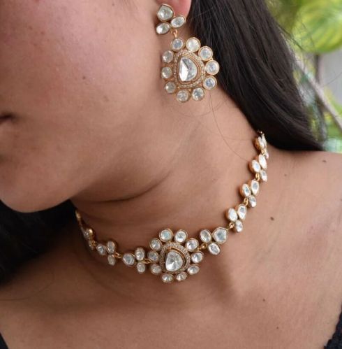 Brass With Micron Gold Plated Moissanite Choker Necklace Set