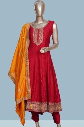 Semi Silk Pink Designer Anarkali, Color : Golden Yellow