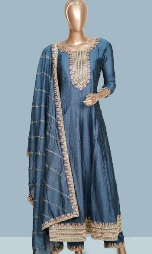 Semi Silk Women Yale Blue Designer Anarkali