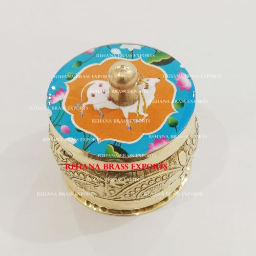 Polished Brass Pichwai Kum Kum Box, Color : Golden Pooja