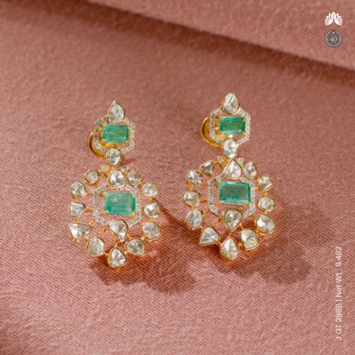 Floral Emerald Polki Womens Earrings
