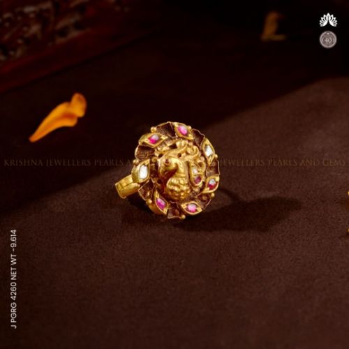 Peacock Ladies Gold Ring with Ruby & Emerald