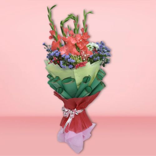 Elegant Mixed Flower Bouquet, Packaging Type : Green Red Paper