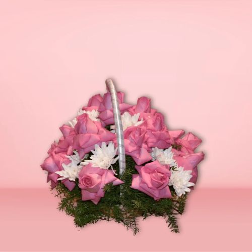 Gorgeous Basket Of Pink Roses, Color : White