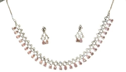 Women Pink Cubic Stone Necklace with Pair of Earrings
