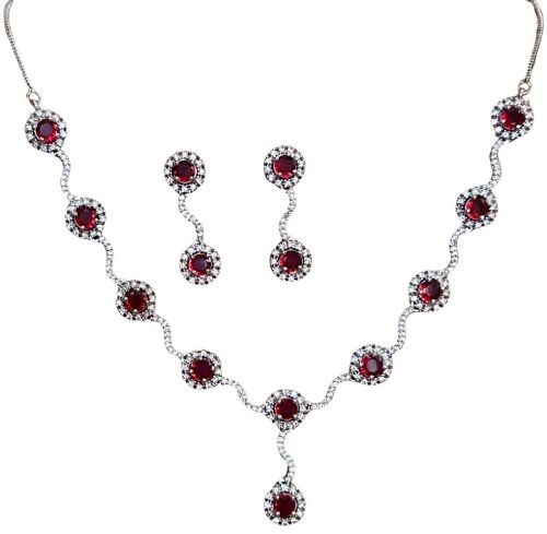 Women Silver Plated Pink Teardrop Necklace with Earrings