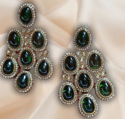 Women Green Coloured Kundan Statement Earrings Festive, Wedding
