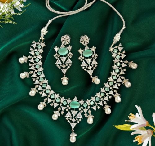 Mint-green Pearl With Zirconia Women Moonlight Diva Ad Necklace Set