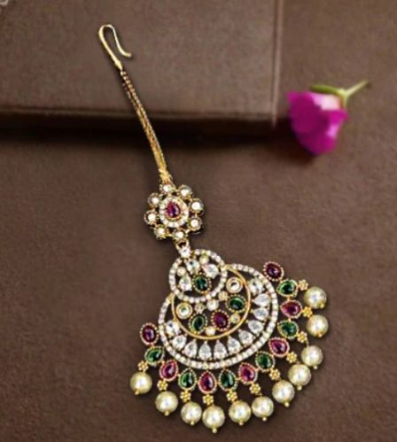 Women Rajwada Pink & Green Splendor Maang Tikka