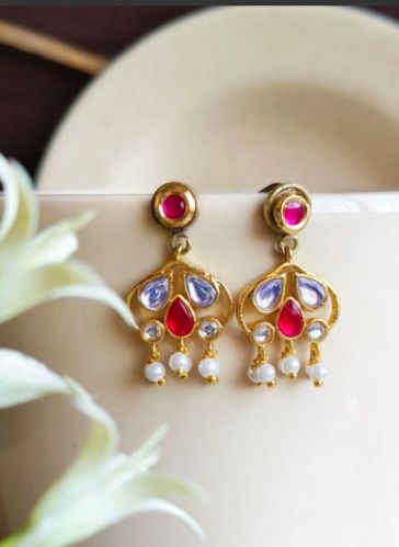 Gold Plated Kundan & Polki Dangler Earrings For Women