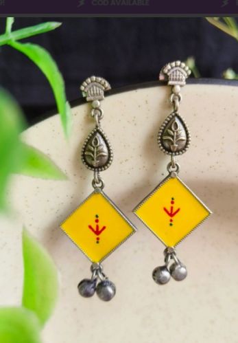 Hand-Painted Oxidised Silver Enamel Women Earrings With Square Charm