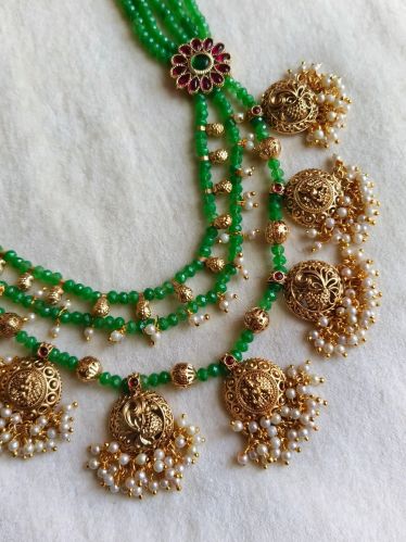 Majestic Antique Golden Temple Long Necklace Set For Women