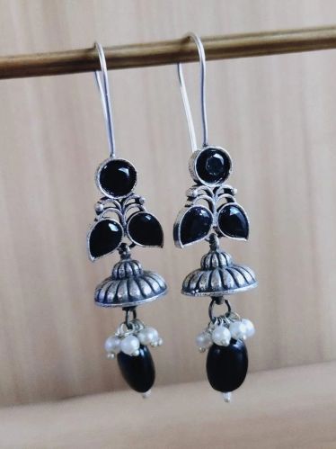 Women Silver Look Alike Stones Hook Earrings