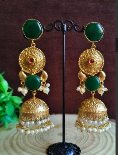 Women 18k Gold Plated Long Jhumka Earrings With Monalisa Stone And Pearl