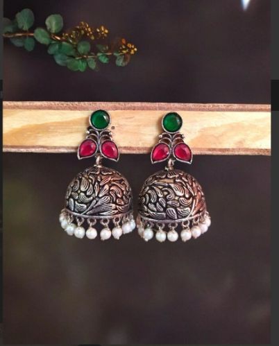 Women Traditional German Silver Jhumka Earrings
