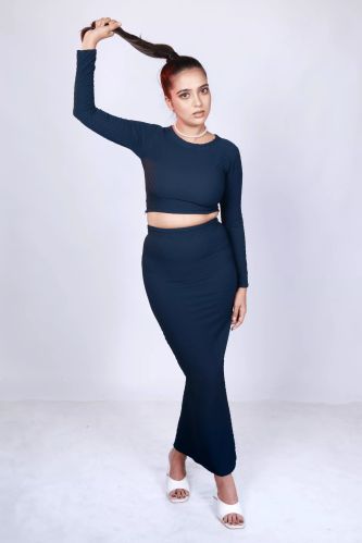 Navy Twilight Crop Top With High Waist Skirt