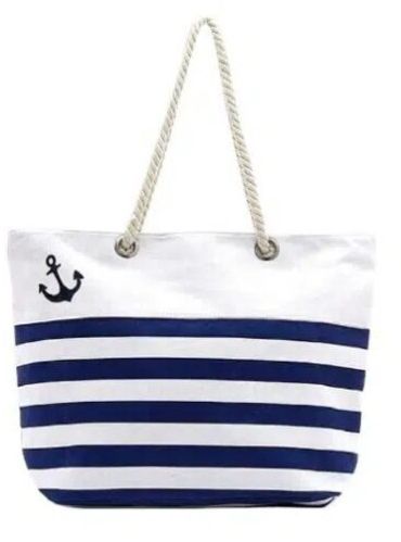 White Color Rope Handle Cotton Canvas Beach Bag With Stripe And Logo