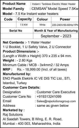 Coated Copper Cemsan Electric Water Heater, Color : White