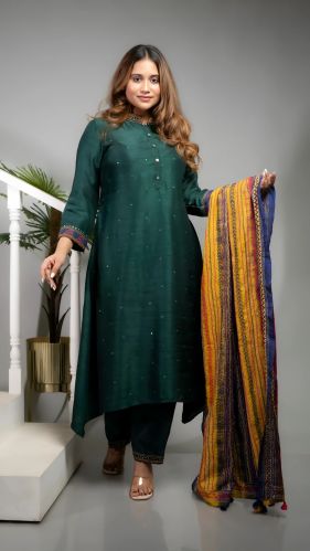 Women Bamber Silk Kurta Set with Kantha Work & Silk Dupatta
