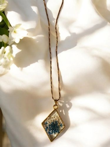 Blue Flower Resin Womens Pendant Necklace