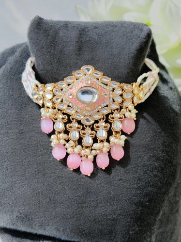 Chitra Polki Kundan Ladies Choker Set, Color : Pink, Gold-tone