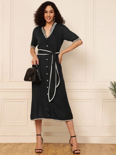 Solid Black Shirt Dress For Women