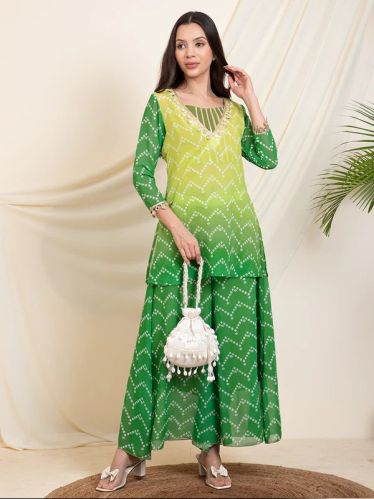 Green Printed Indo Western Co-ord Set