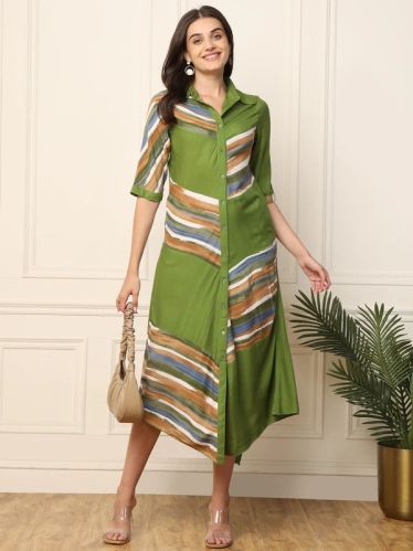 Lime Green With Multi Striped Women Shirt Dress