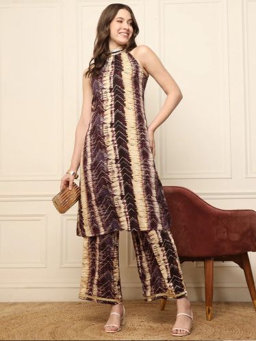 Multi Colour Printed Halter Neck Kurti With Pant Women Coord Set