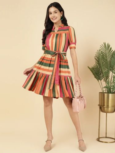 Multi Colour Striped Tiered Women Dress, Color : Multicolor