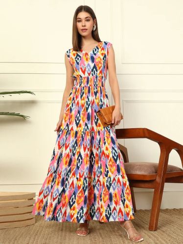 Multicolor Ikkat Printed Women Tiered Maxi Dress