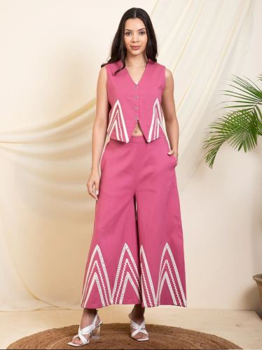 Pink Waist Coat With Bell Bottom Pant Women Co-ord Set