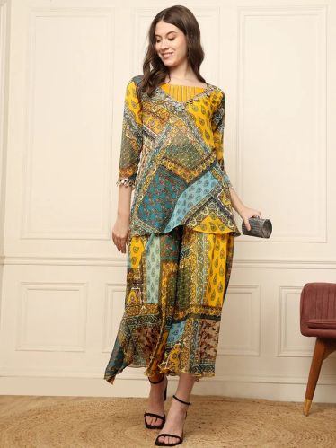 Printed Kurti With Crop Top With Palazzo Women Set