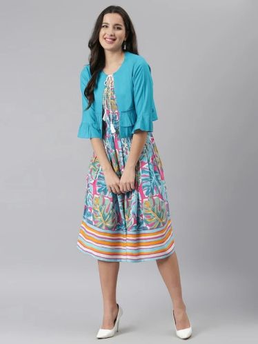 Printed Smocked Fit Flare Dress With Shrug