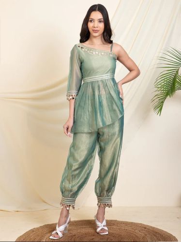 Sea Green One Shoulder Peplum Top With Pant Women Co-ord Set
