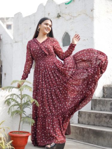 Floral Print Georgette Dobby Wine Smocking Tier Dress