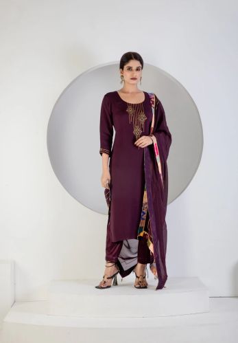 Organza Women Hand Embroidered Wine Kurti Set