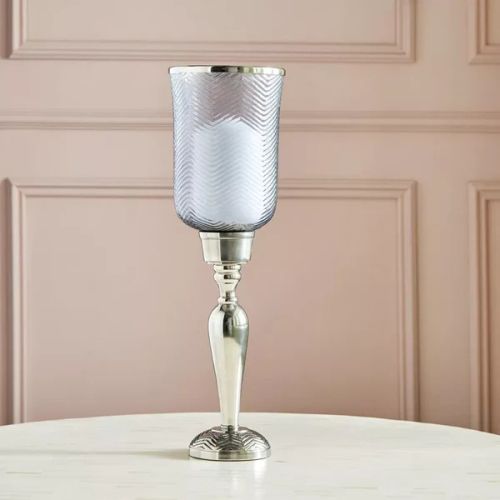 Textured Hurricane Glass with Nickel Metal Base Candle Holder