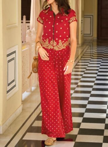 Women Scarlet Red Embroidered Silk Cord Set