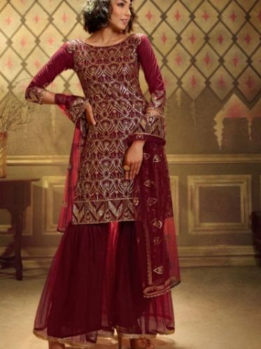 Women Overall Sequins Work Soft Net Sharara Suit