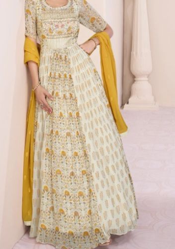 Women White Georgette Anarkali Gown With Intricate Embroidery Work