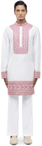 Men White & Pink Silk Dori Embroidery Kurta Set