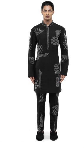Mens Black & White Linen Thread Embroidered Kurta Set