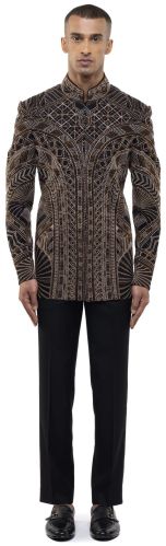 Mens Black And Gold Silk Art Deco Bandhgala Set