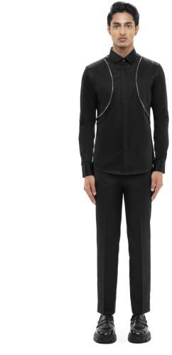 Mens Black Cotton Shirt With Open Curved Zip Panel