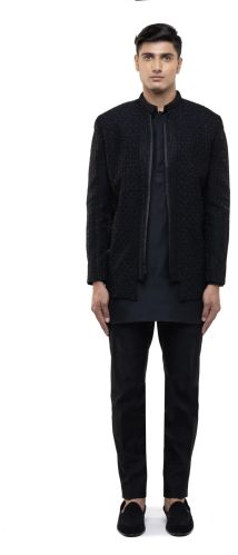 Mens Black Silk Floral Embroidery Open Bandhgala Set