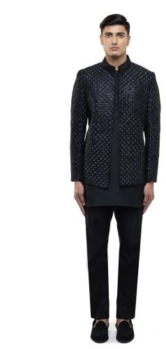 Mens Black Silk Hand Embroidered Open Bandhgala Set