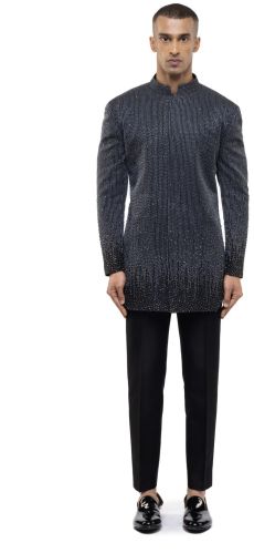 Mens Black Silk Metallic Embellishment Bandhgala Set