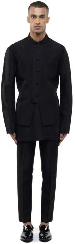 Mens Black Silk Pleated Kurta Bandi Set