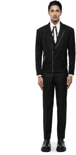 Mens Black Silk Traditional Embroidery Biker Jacket
